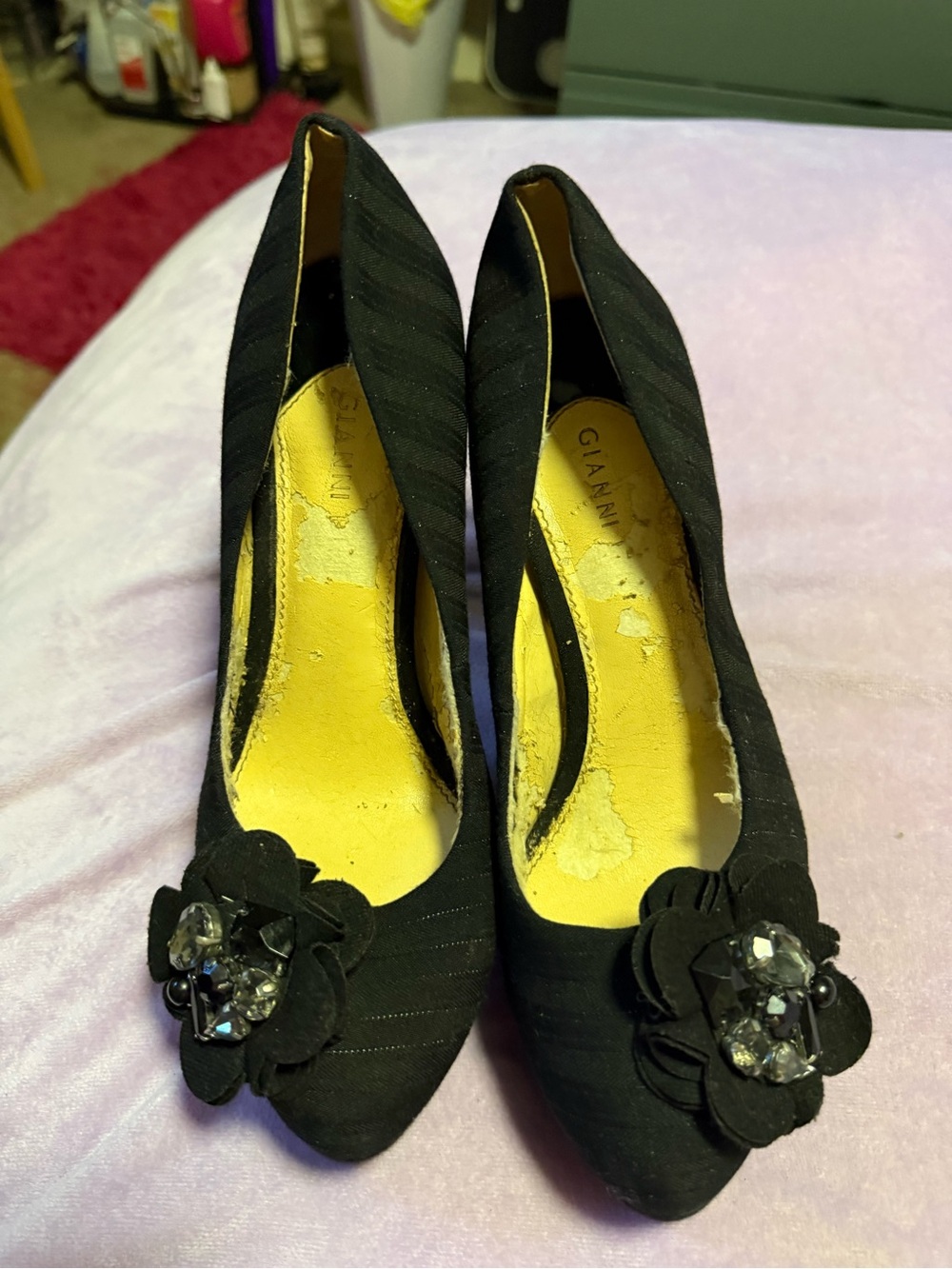 Ganni Black Floral Crystal Accent Pointed Toe Pumps